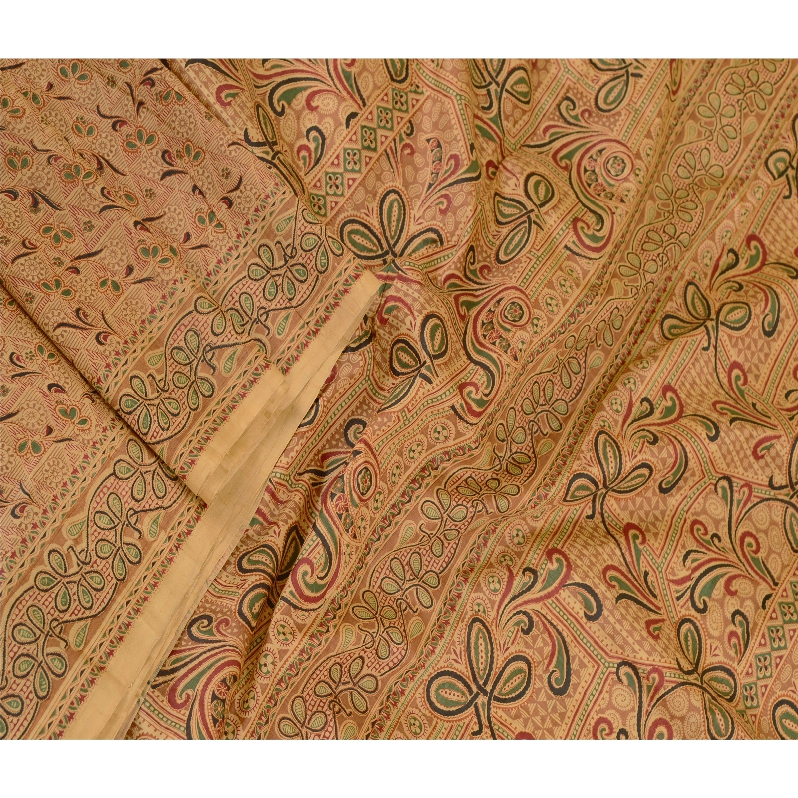 Sanskriti Vintage Sarees Beige Indian Pure Silk Printed Sari Floral Craft Fabric, PR-60658-Beige-Printed Floral Design-Pure Silk-1