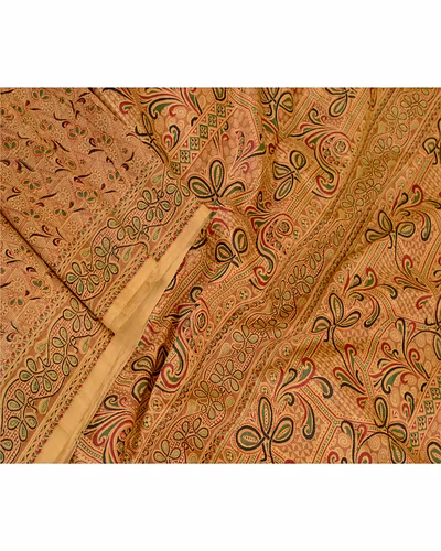 Sanskriti Vintage Sarees Beige Indian Pure Silk Printed Sari Floral Craft Fabric, PR-60658-Beige-Printed Floral Design-Pure Silk-1