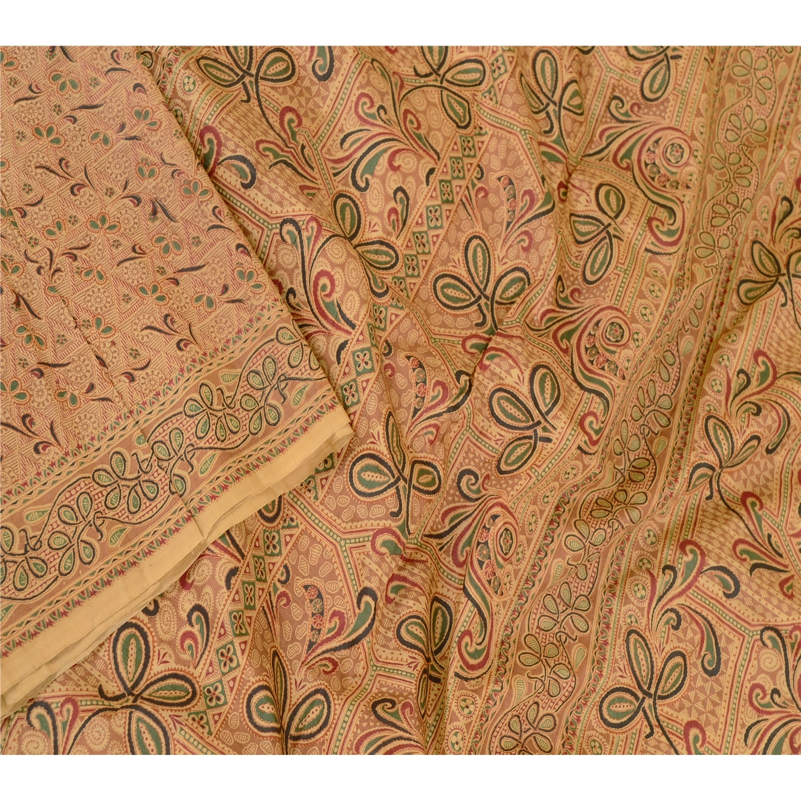 Sanskriti Vintage Sarees Beige Indian Pure Silk Printed Sari Floral Craft Fabric, PR-60658-Beige-Printed Floral Design-Pure Silk-2