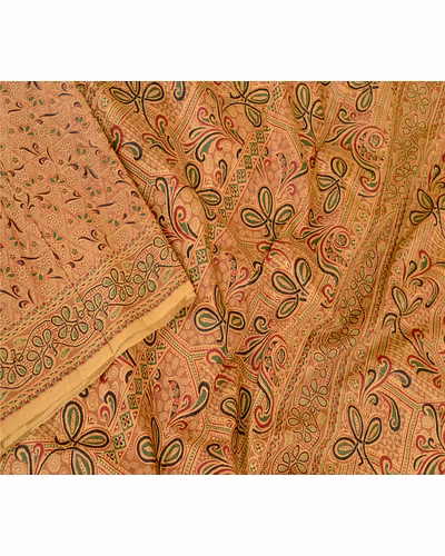 Sanskriti Vintage Sarees Beige Indian Pure Silk Printed Sari Floral Craft Fabric, PR-60658-Beige-Printed Floral Design-Pure Silk-2