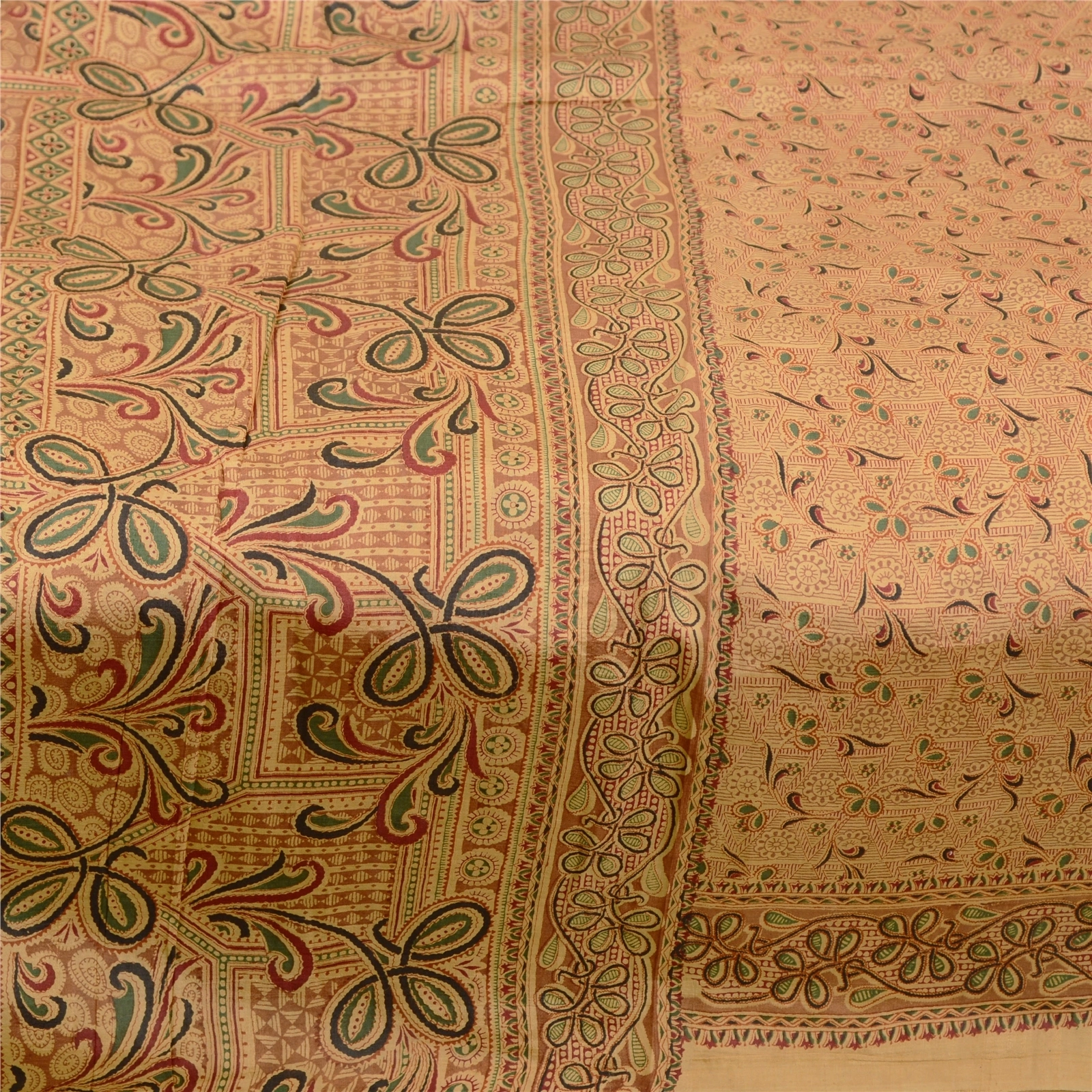 Sanskriti Vintage Sarees Beige Indian Pure Silk Printed Sari Floral Craft Fabric, PR-60658-Beige-Printed Floral Design-Pure Silk-3