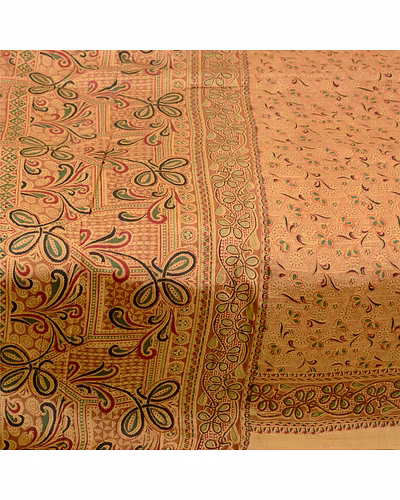 Sanskriti Vintage Sarees Beige Indian Pure Silk Printed Sari Floral Craft Fabric, PR-60658-Beige-Printed Floral Design-Pure Silk-3