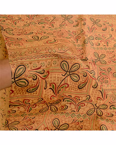 Sanskriti Vintage Sarees Beige Indian Pure Silk Printed Sari Floral Craft Fabric, PR-60658-Beige-Printed Floral Design-Pure Silk-5