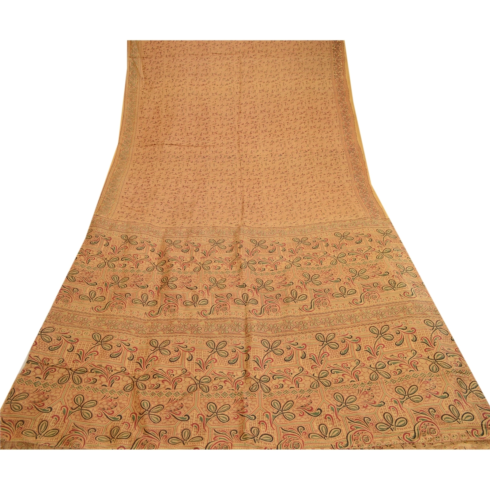 Sanskriti Vintage Sarees Beige Indian Pure Silk Printed Sari Floral Craft Fabric, PR-60658-Beige-Printed Floral Design-Pure Silk-7