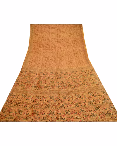 Sanskriti Vintage Sarees Beige Indian Pure Silk Printed Sari Floral Craft Fabric, PR-60658-Beige-Printed Floral Design-Pure Silk-7