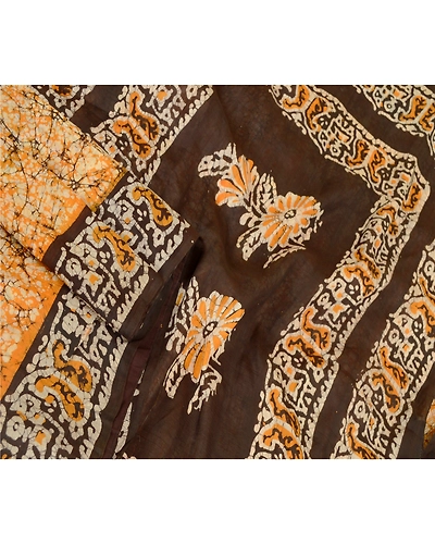 Sanskriti Vintage Sarees Batik Printed Saffron Pure Silk Sari 5Yd Craft Fabric, PR-60659-Saffron-Printed Floral Design-Pure Silk-1