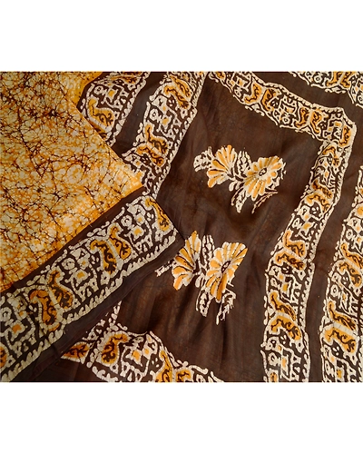 Sanskriti Vintage Sarees Batik Printed Saffron Pure Silk Sari 5Yd Craft Fabric, PR-60659-Saffron-Printed Floral Design-Pure Silk-2