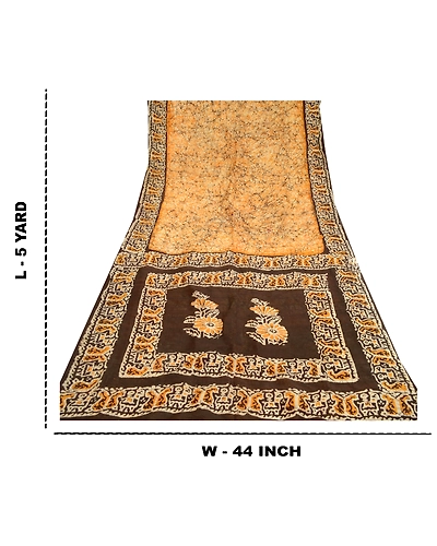 Sanskriti Vintage Sarees Batik Printed Saffron Pure Silk Sari 5Yd Craft Fabric, PR-60659-Saffron-Printed Floral Design-Pure Silk-8