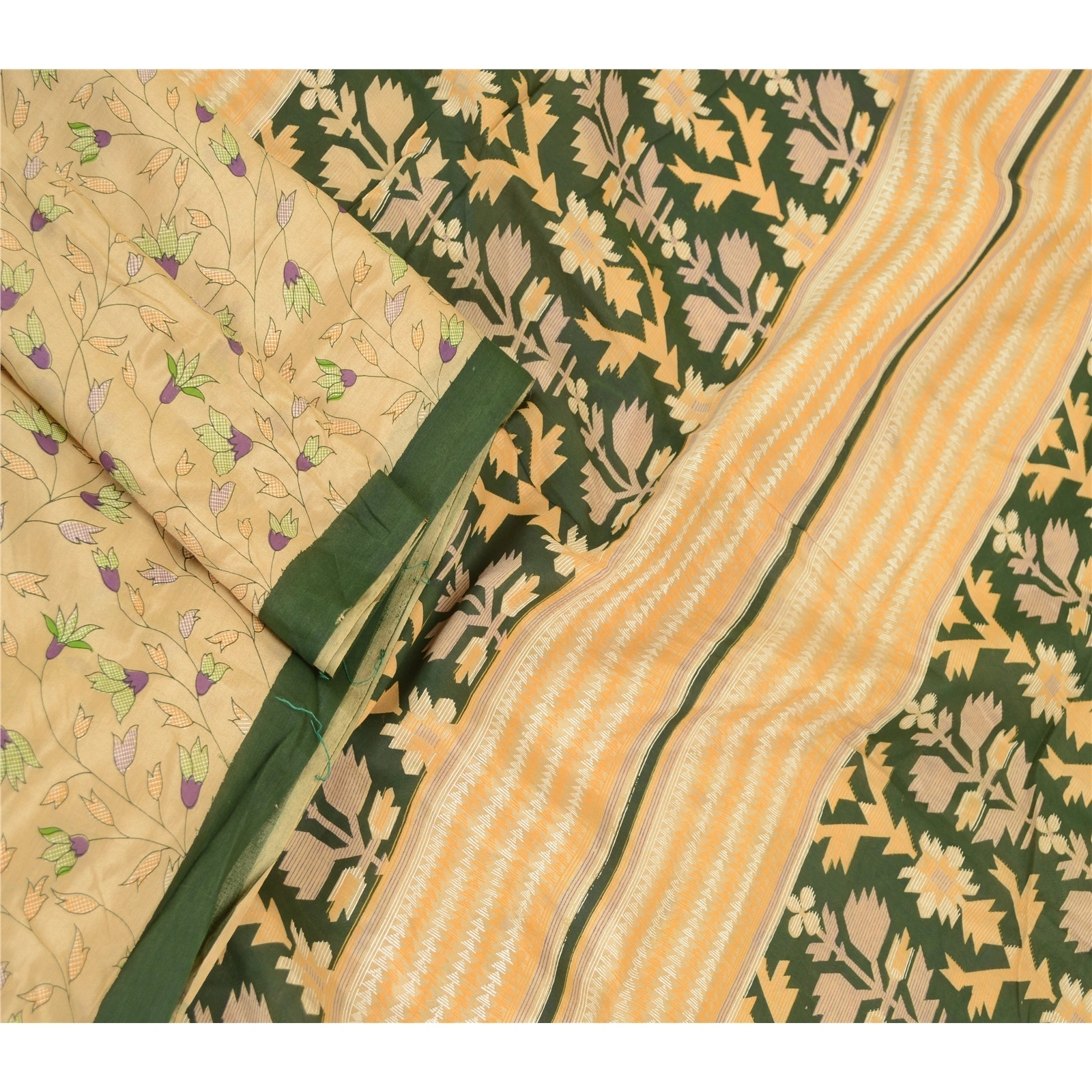 Sanskriti Vintage Sarees Cream Indian Blend Silk Printed Sari Soft Craft Fabric, PR-60664-Cream-Printed Floral Design-Blend Silk-1