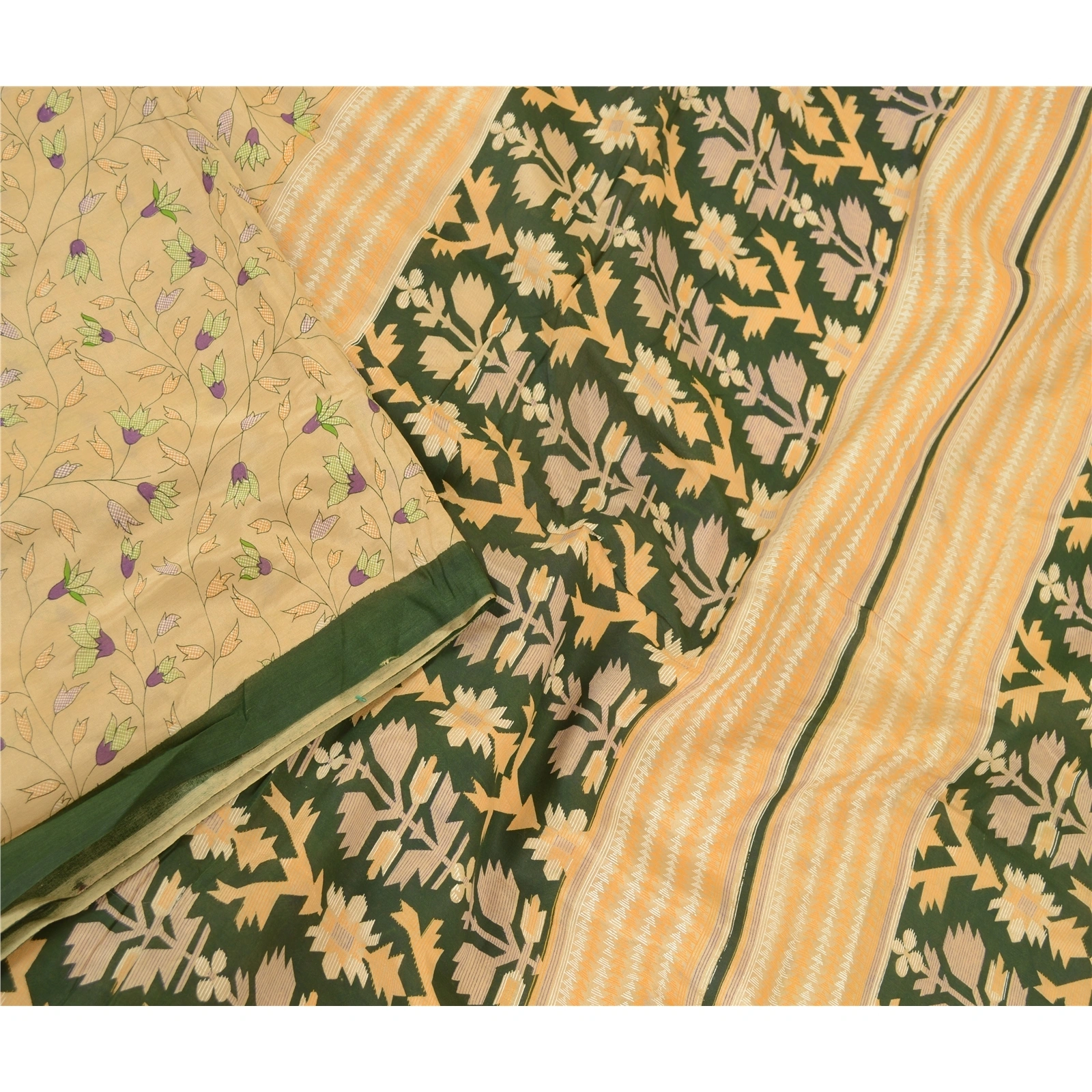 Sanskriti Vintage Sarees Cream Indian Blend Silk Printed Sari Soft Craft Fabric, PR-60664-Cream-Printed Floral Design-Blend Silk-2