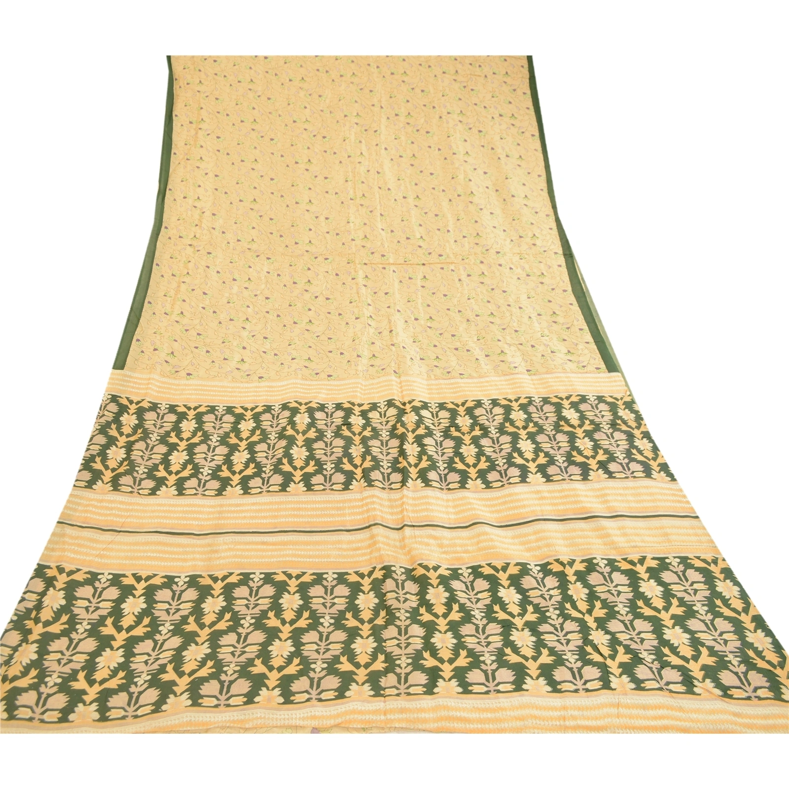 Sanskriti Vintage Sarees Cream Indian Blend Silk Printed Sari Soft Craft Fabric, PR-60664-Cream-Printed Floral Design-Blend Silk-7