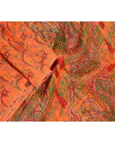 Sanskriti Vintage Sarees Saffron 100% Pure Silk Printed Sari Soft Craft Fabric, PR-60667-Saffron-Printed Floral Design-Pure Silk-1
