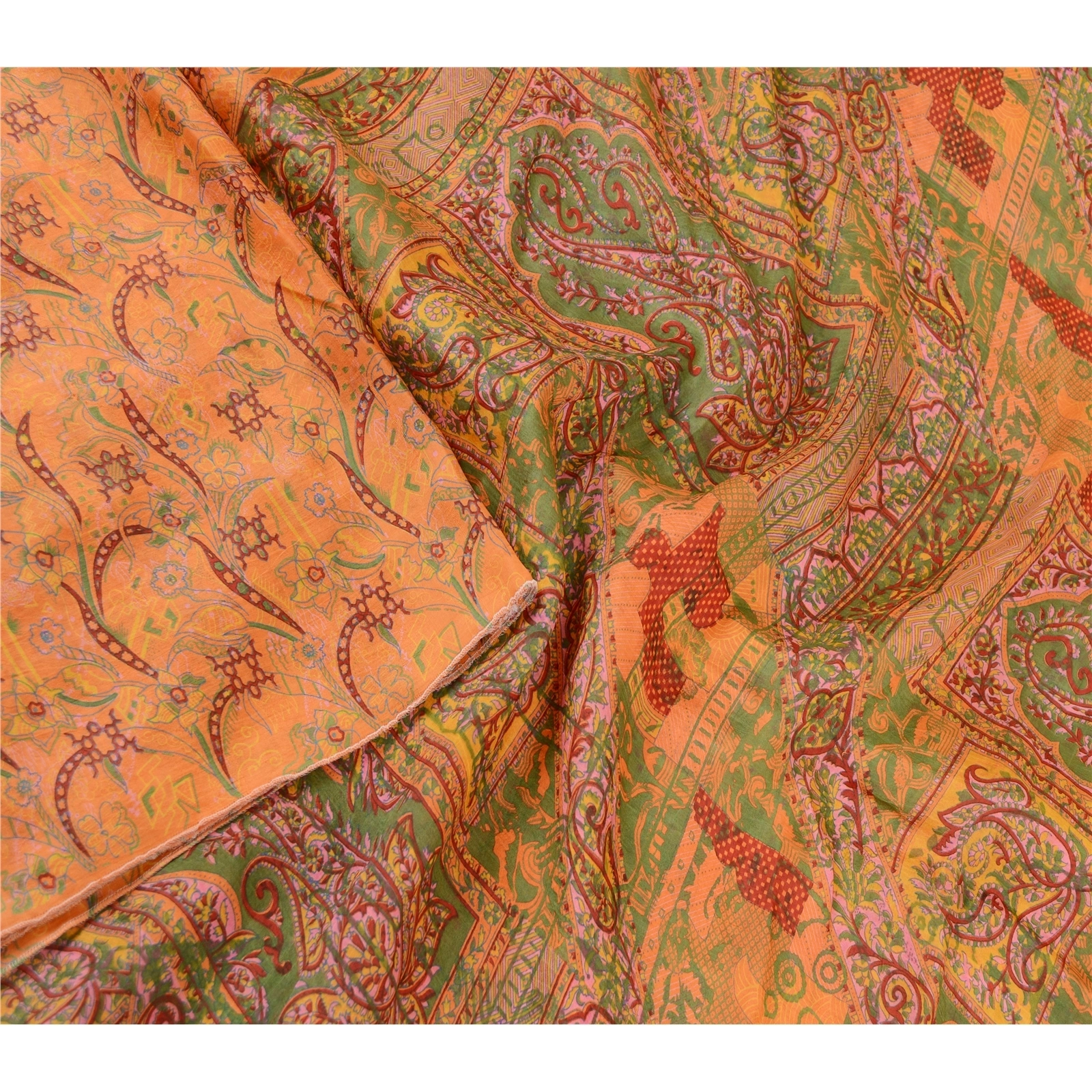 Sanskriti Vintage Sarees Saffron 100% Pure Silk Printed Sari Soft Craft Fabric, PR-60667-Saffron-Printed Floral Design-Pure Silk-2