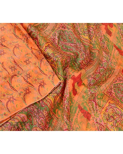 Sanskriti Vintage Sarees Saffron 100% Pure Silk Printed Sari Soft Craft Fabric, PR-60667-Saffron-Printed Floral Design-Pure Silk-2