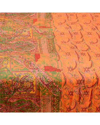 Sanskriti Vintage Sarees Saffron 100% Pure Silk Printed Sari Soft Craft Fabric, PR-60667-Saffron-Printed Floral Design-Pure Silk-3