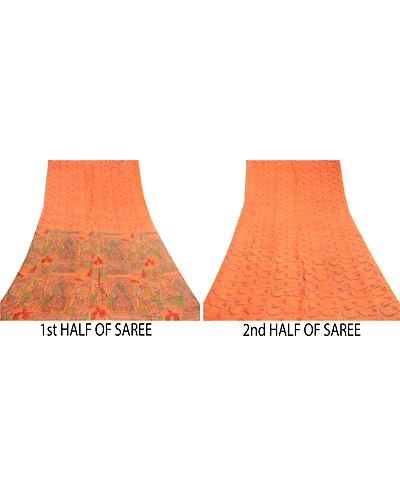 Sanskriti Vintage Sarees Saffron 100% Pure Silk Printed Sari Soft Craft Fabric, PR-60667-Saffron-Printed Floral Design-Pure Silk-4
