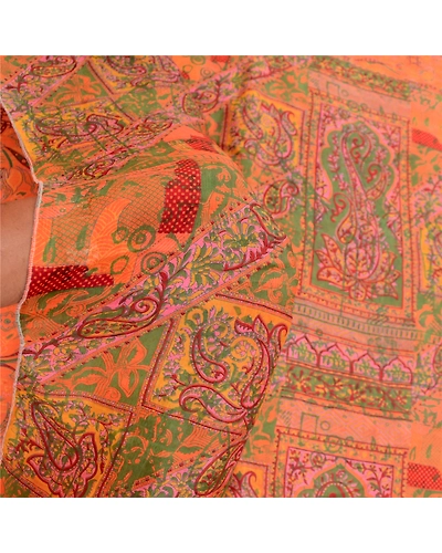 Sanskriti Vintage Sarees Saffron 100% Pure Silk Printed Sari Soft Craft Fabric, PR-60667-Saffron-Printed Floral Design-Pure Silk-5