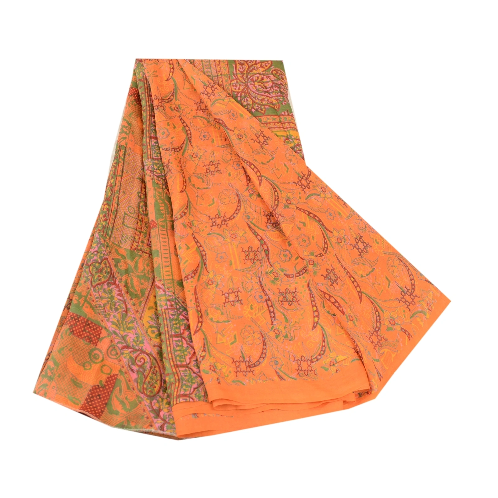 Sanskriti Vintage Sarees Saffron 100% Pure Silk Printed Sari Soft Craft Fabric, PR-60667-Saffron-Printed Floral Design-Pure Silk-6