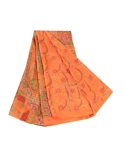 Sanskriti Vintage Sarees Saffron 100% Pure Silk Printed Sari Soft Craft Fabric, PR-60667-Saffron-Printed Floral Design-Pure Silk-6
