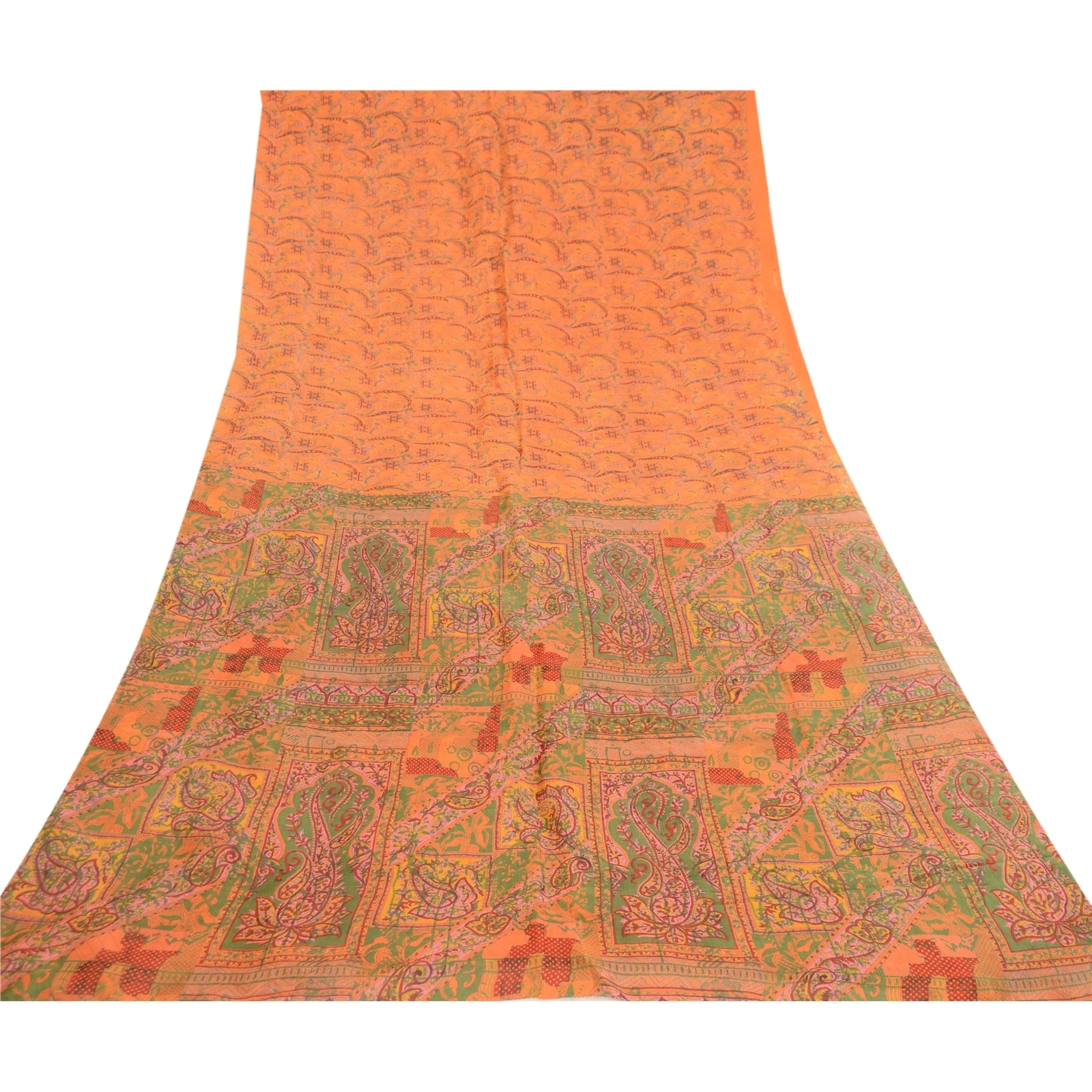 Sanskriti Vintage Sarees Saffron 100% Pure Silk Printed Sari Soft Craft Fabric, PR-60667-Saffron-Printed Floral Design-Pure Silk-7