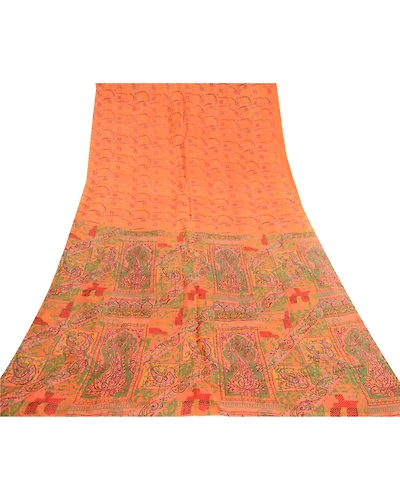 Sanskriti Vintage Sarees Saffron 100% Pure Silk Printed Sari Soft Craft Fabric, PR-60667-Saffron-Printed Floral Design-Pure Silk-7
