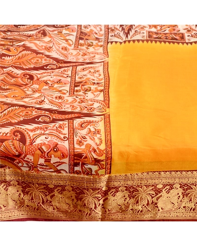Sanskriti Vintage Sarees Yellow Human Animal Printed Pure Silk Sari Craft Fabric, PR-60669-Yellow-Printed Floral Design-Pure Silk-3