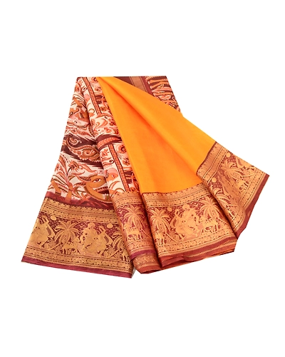 Sanskriti Vintage Sarees Yellow Human Animal Printed Pure Silk Sari Craft Fabric, PR-60669-Yellow-Printed Floral Design-Pure Silk-6