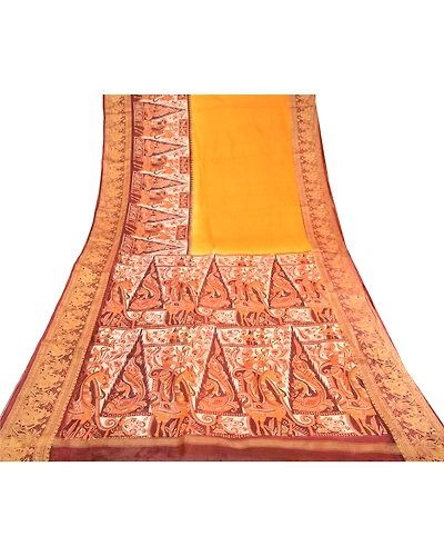 Sanskriti Vintage Sarees Yellow Human Animal Printed Pure Silk Sari Craft Fabric, PR-60669-Yellow-Printed Floral Design-Pure Silk-7