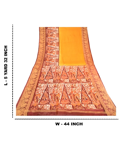 Sanskriti Vintage Sarees Yellow Human Animal Printed Pure Silk Sari Craft Fabric, PR-60669-Yellow-Printed Floral Design-Pure Silk-8