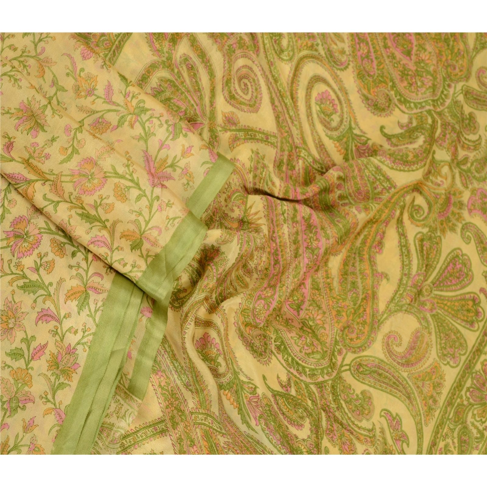 Sanskriti Vintage Sarees Cream Indian Pure Silk Printed Sari Soft Craft Fabric, PR-60676-Cream-Printed Floral Design-Pure Silk-1