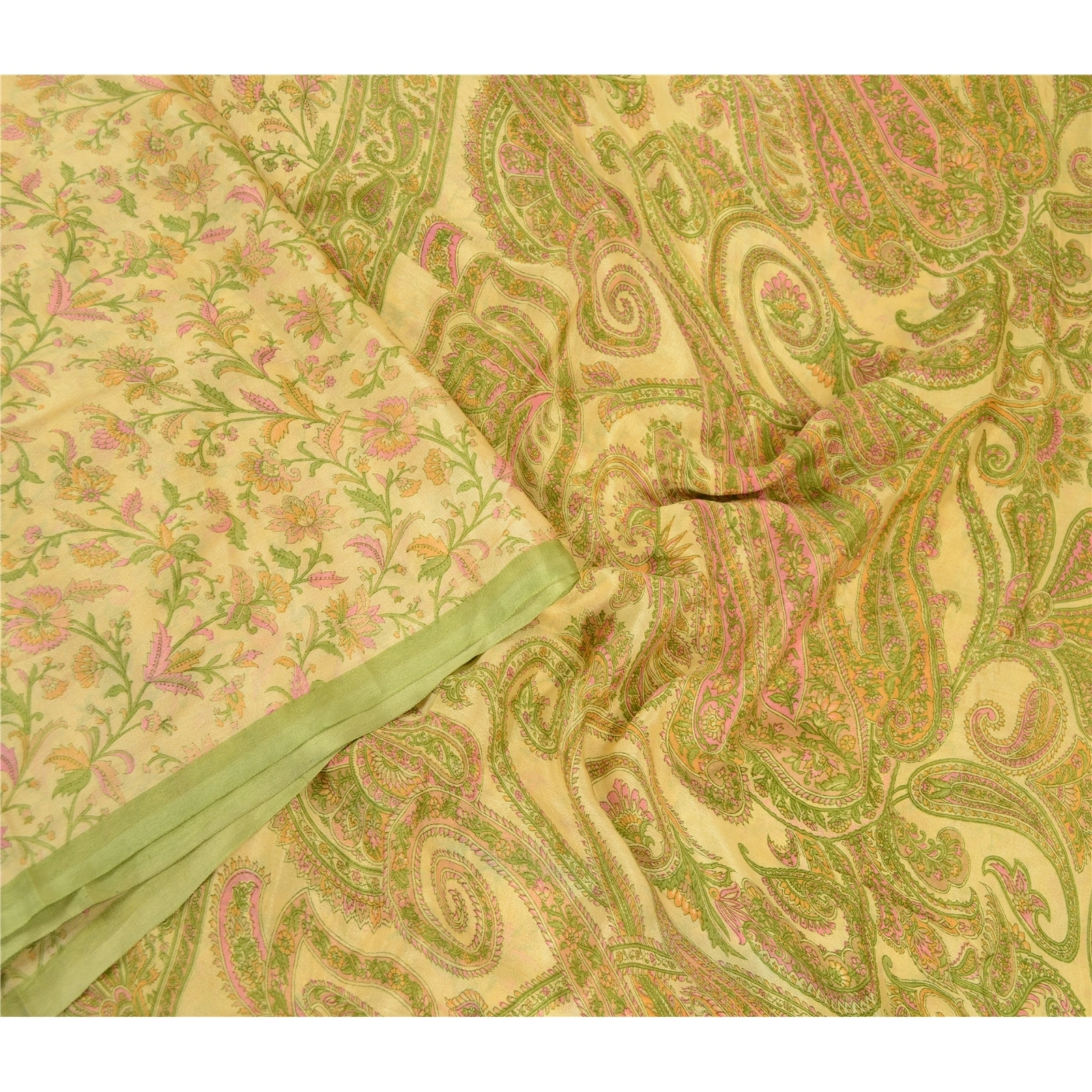 Sanskriti Vintage Sarees Cream Indian Pure Silk Printed Sari Soft Craft Fabric, PR-60676-Cream-Printed Floral Design-Pure Silk-2