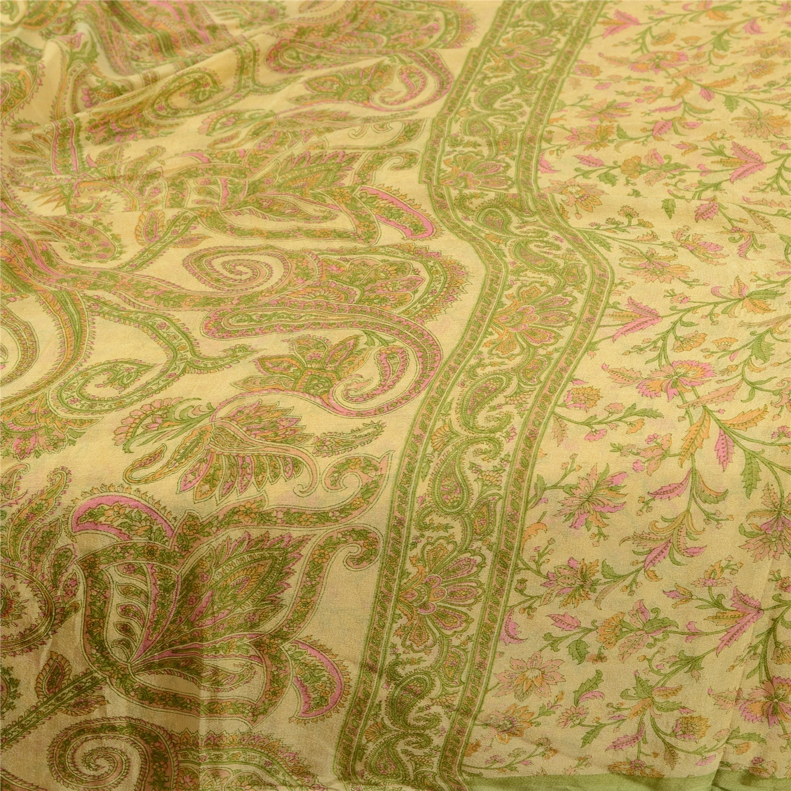 Sanskriti Vintage Sarees Cream Indian Pure Silk Printed Sari Soft Craft Fabric, PR-60676-Cream-Printed Floral Design-Pure Silk-3