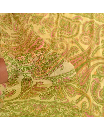 Sanskriti Vintage Sarees Cream Indian Pure Silk Printed Sari Soft Craft Fabric, PR-60676-Cream-Printed Floral Design-Pure Silk-5