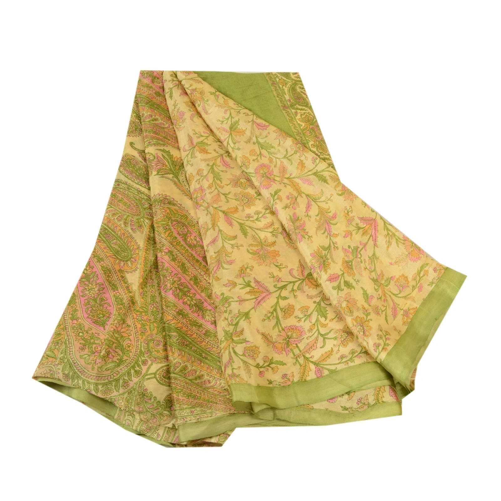 Sanskriti Vintage Sarees Cream Indian Pure Silk Printed Sari Soft Craft Fabric, PR-60676-Cream-Printed Floral Design-Pure Silk-6