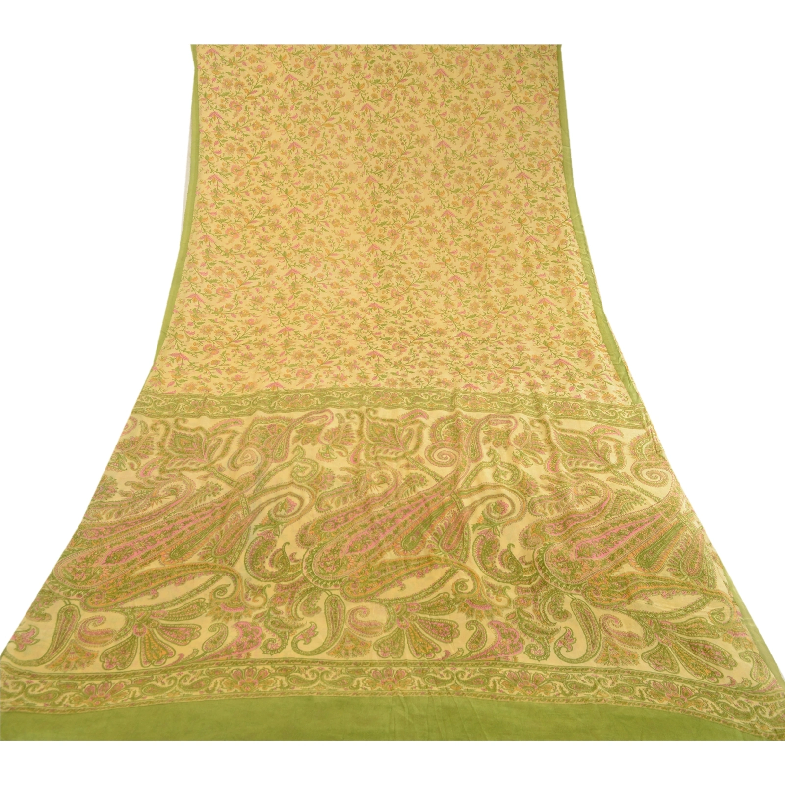 Sanskriti Vintage Sarees Cream Indian Pure Silk Printed Sari Soft Craft Fabric, PR-60676-Cream-Printed Floral Design-Pure Silk-7