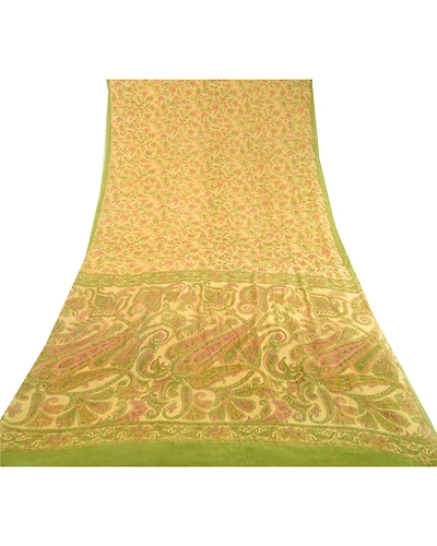 Sanskriti Vintage Sarees Cream Indian Pure Silk Printed Sari Soft Craft Fabric, PR-60676-Cream-Printed Floral Design-Pure Silk-7
