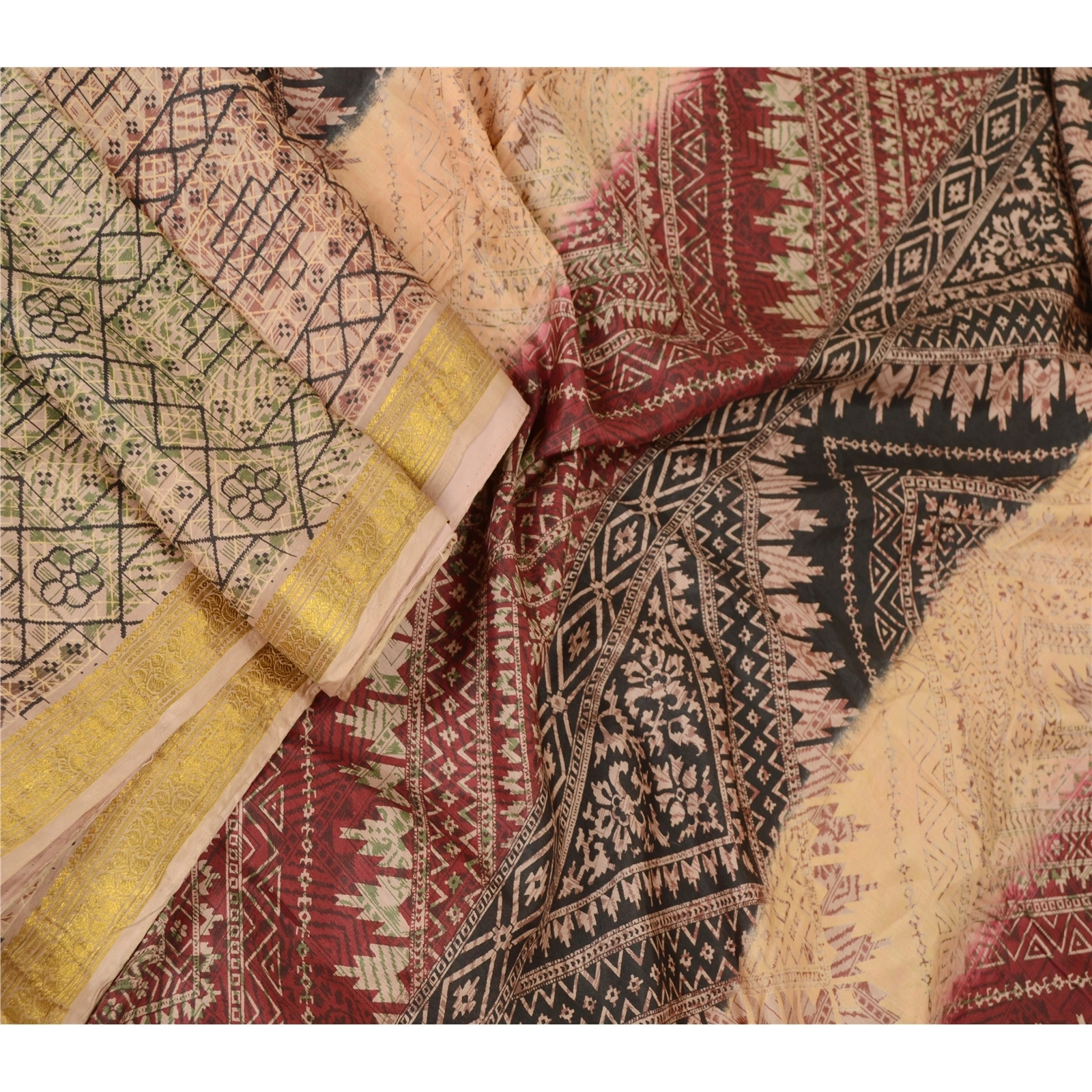 Sanskriti Vintage Sarees Cream Pure Silk Printed Zari Border Sari Craft Fabric, PR-60709-Cream-Printed Floral Design-Pure Silk-1