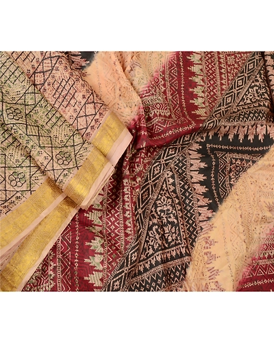 Sanskriti Vintage Sarees Cream Pure Silk Printed Zari Border Sari Craft Fabric, PR-60709-Cream-Printed Floral Design-Pure Silk-1