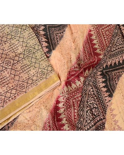 Sanskriti Vintage Sarees Cream Pure Silk Printed Zari Border Sari Craft Fabric, PR-60709-Cream-Printed Floral Design-Pure Silk-2