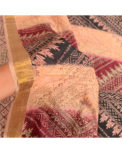 Sanskriti Vintage Sarees Cream Pure Silk Printed Zari Border Sari Craft Fabric, PR-60709-Cream-Printed Floral Design-Pure Silk-5
