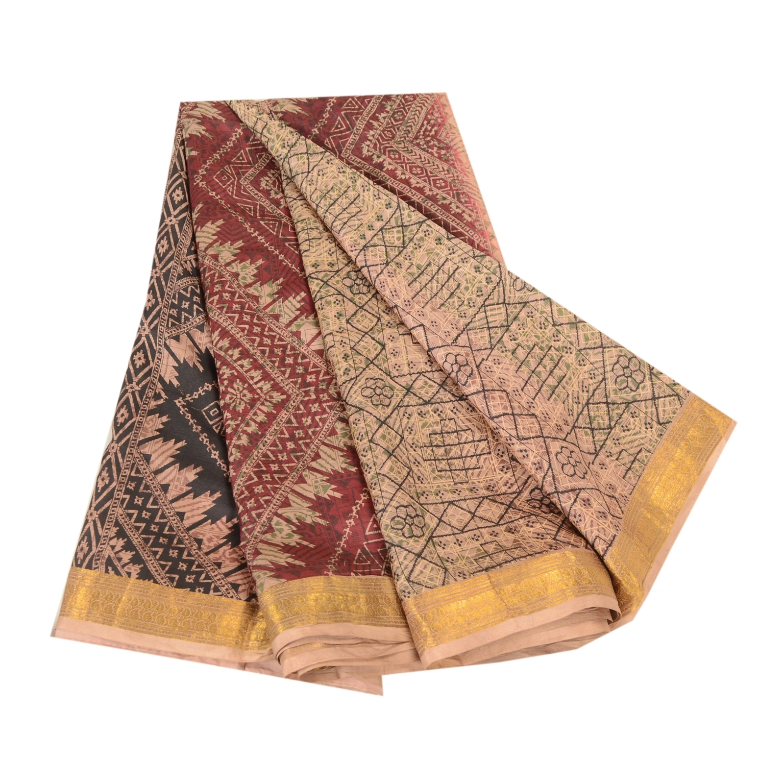 Sanskriti Vintage Sarees Cream Pure Silk Printed Zari Border Sari Craft Fabric, PR-60709-Cream-Printed Floral Design-Pure Silk-6