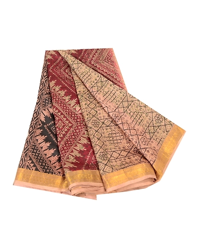Sanskriti Vintage Sarees Cream Pure Silk Printed Zari Border Sari Craft Fabric, PR-60709-Cream-Printed Floral Design-Pure Silk-6