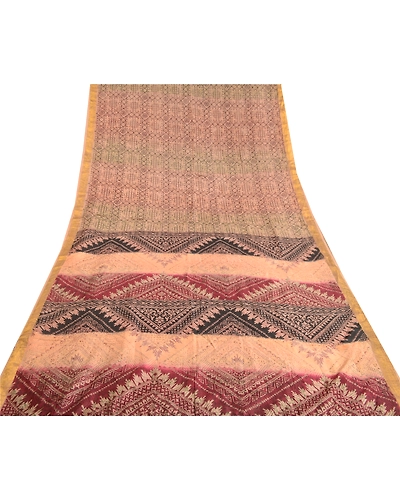 Sanskriti Vintage Sarees Cream Pure Silk Printed Zari Border Sari Craft Fabric, PR-60709-Cream-Printed Floral Design-Pure Silk-7