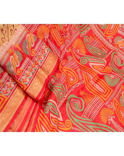 Sanskriti Vintage Sarees Beige 100% Pure Silk Printed Sari 5Yd Soft Craft Fabric, PR-60742-Beige-Printed Floral Design-Pure Silk-1
