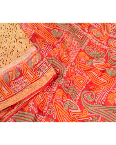 Sanskriti Vintage Sarees Beige 100% Pure Silk Printed Sari 5Yd Soft Craft Fabric, PR-60742-Beige-Printed Floral Design-Pure Silk-2