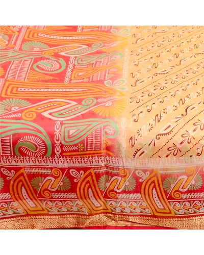 Sanskriti Vintage Sarees Beige 100% Pure Silk Printed Sari 5Yd Soft Craft Fabric, PR-60742-Beige-Printed Floral Design-Pure Silk-3
