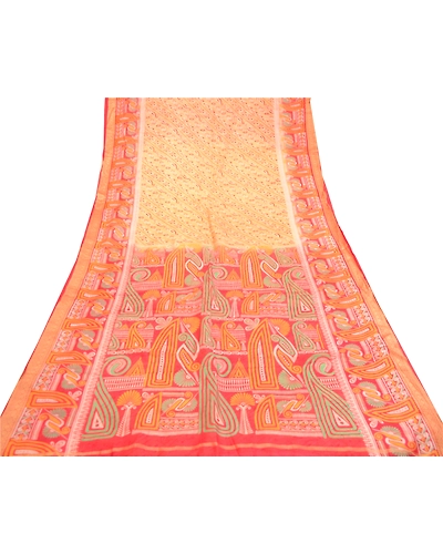 Sanskriti Vintage Sarees Beige 100% Pure Silk Printed Sari 5Yd Soft Craft Fabric, PR-60742-Beige-Printed Floral Design-Pure Silk-7