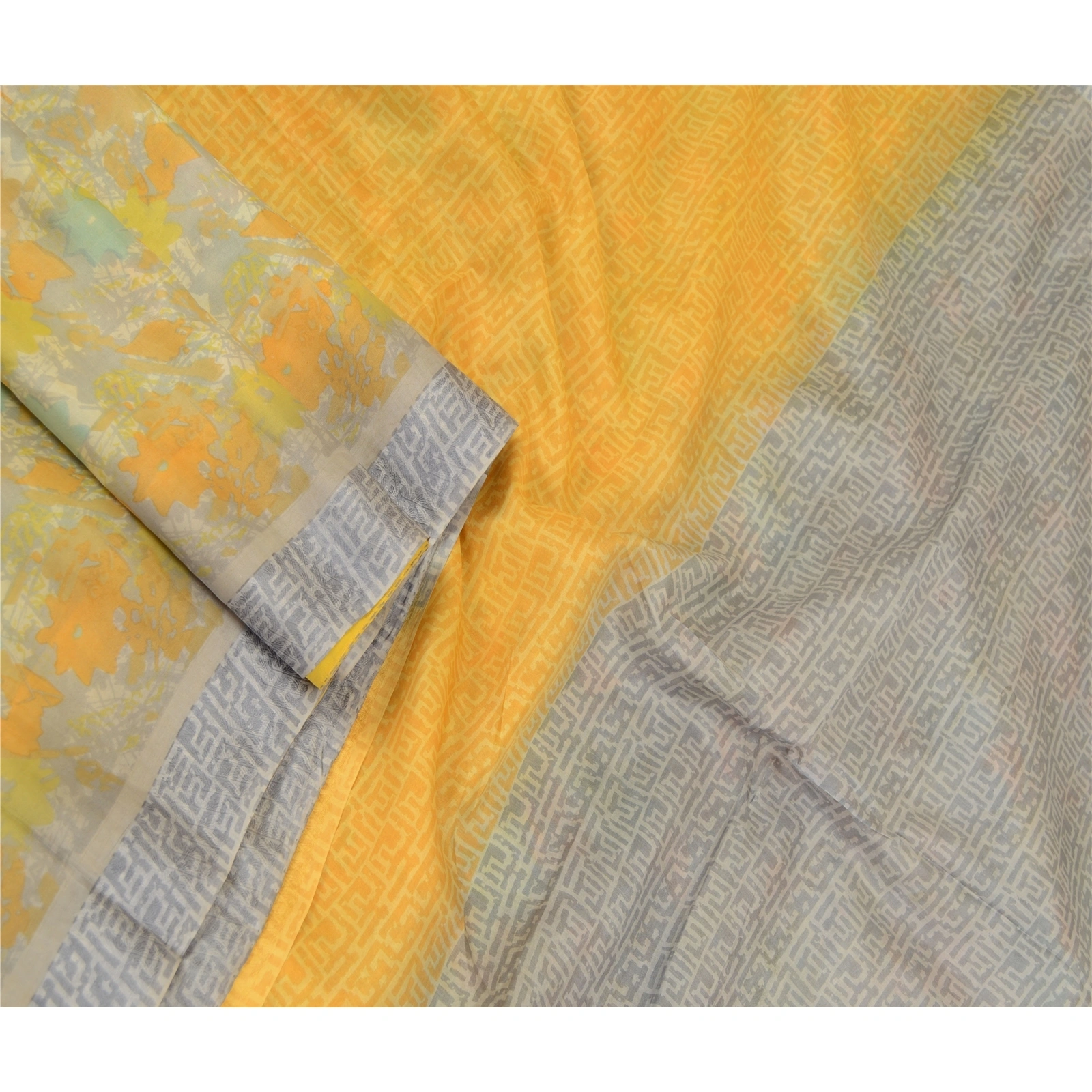 Sanskriti Vintage Sarees Yellow Pure Silk Printed Sari Soft Floral Craft Fabric, PR-60750-Yellow-Printed Floral Design-Pure Silk-1