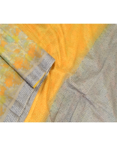 Sanskriti Vintage Sarees Yellow Pure Silk Printed Sari Soft Floral Craft Fabric, PR-60750-Yellow-Printed Floral Design-Pure Silk-1