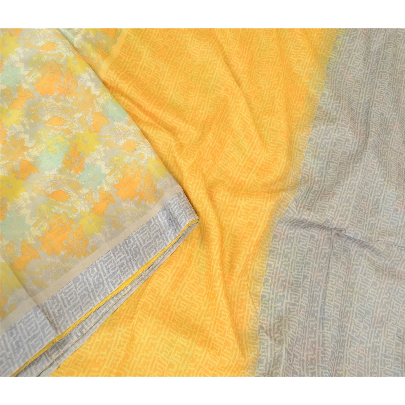 Sanskriti Vintage Sarees Yellow Pure Silk Printed Sari Soft Floral Craft Fabric, PR-60750-Yellow-Printed Floral Design-Pure Silk-2